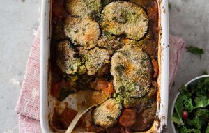 Eggplant and pesto bake with roasted kale