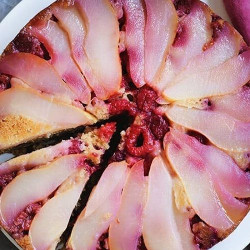 Pear and raspberry upside-down cake