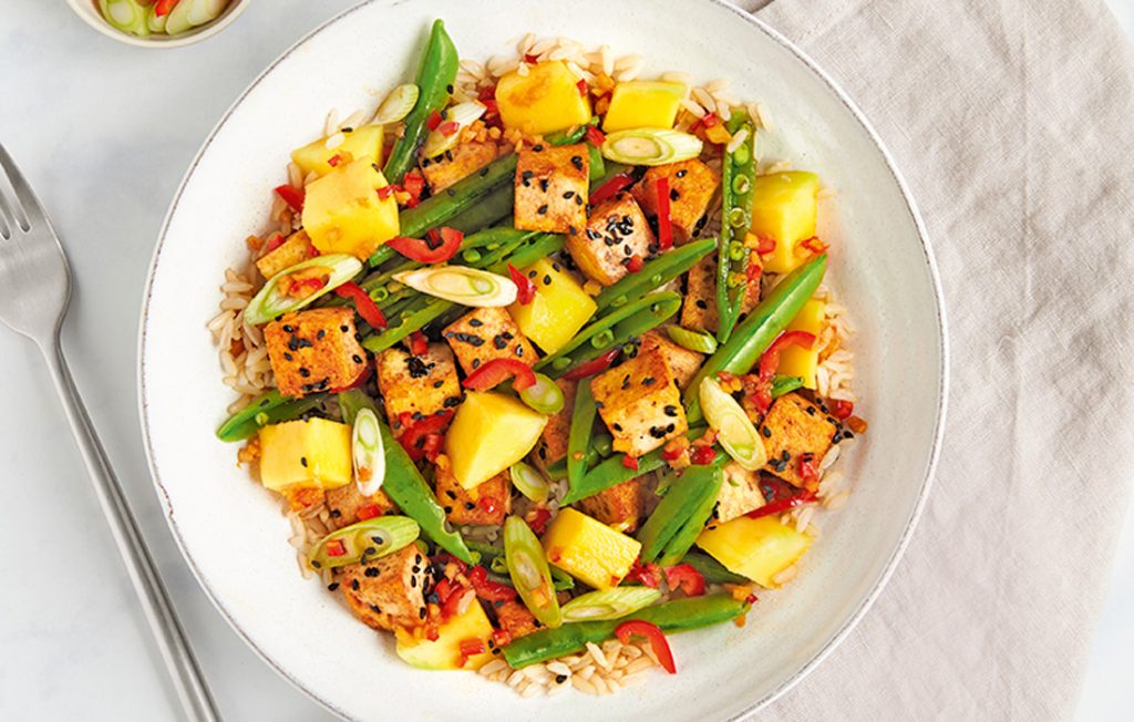 Sesame tofu and mango with spicy ginger dressing Sesame tofu and mango with spicy ginger dressing