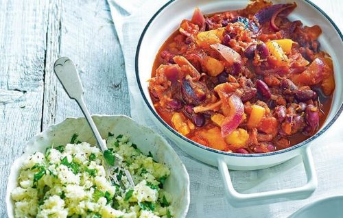 Vegan butternut and bean stew with cauliflower rice