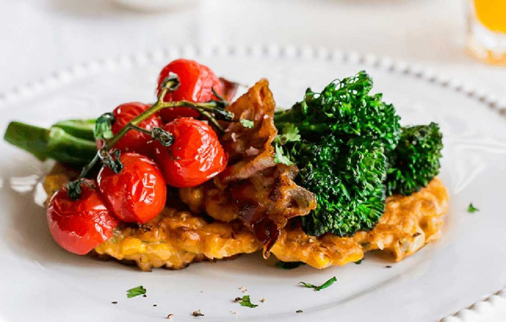 Sweetcorn fritters with broccolini