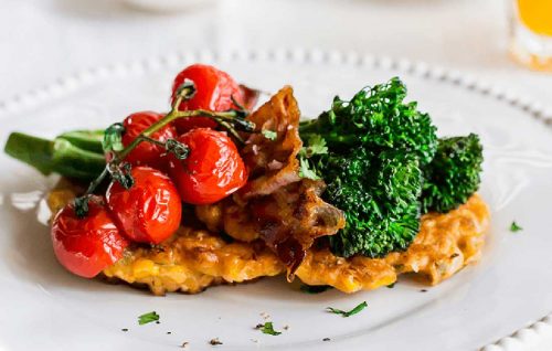 Sweetcorn fritters with broccolini