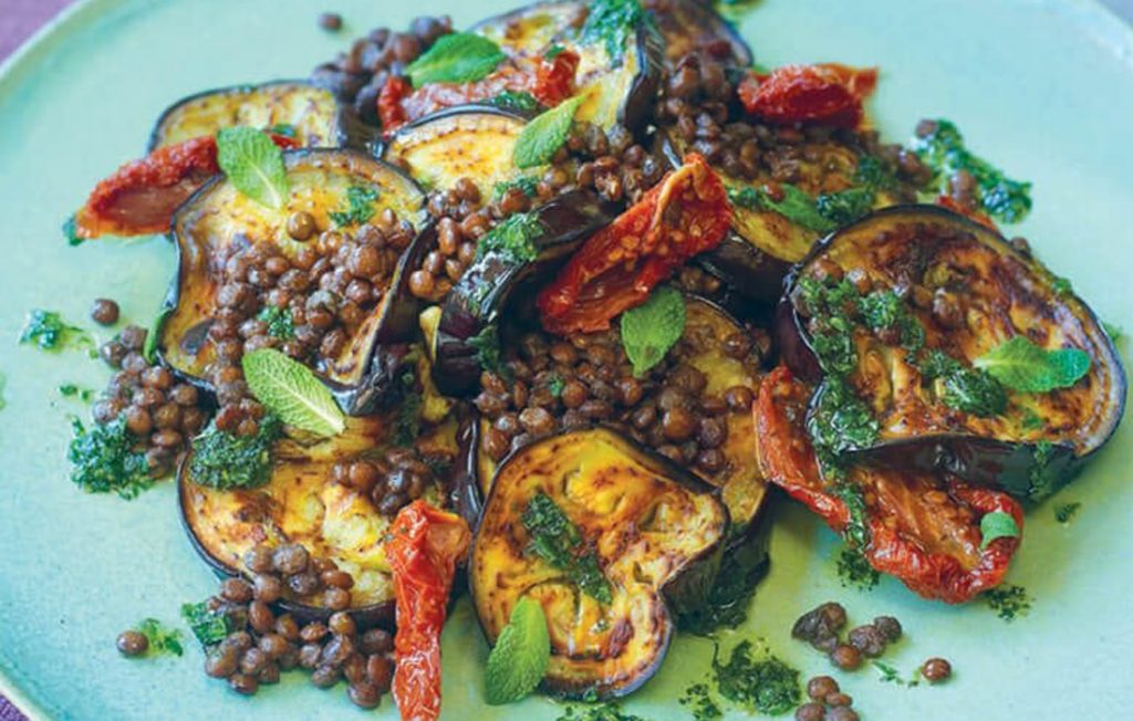 Eggplant, lentils and sun-dried tomatoes with mint oil Eggplant, lentils and sun-dried tomatoes with mint oil