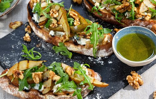 Grilled pear, blue cheese and walnut toasts
