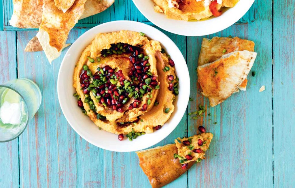 Vegan sweet potato hummus with pomegranate and pistachios