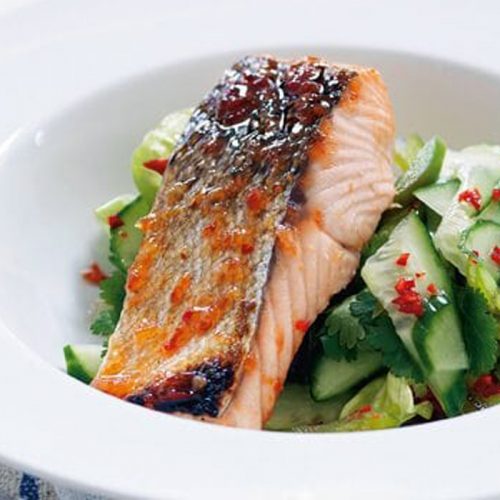 Chilli salmon with coriander salad