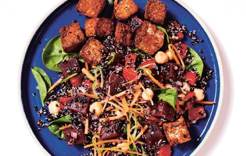Poke with spicy tempeh, beetroot and quinoa salad