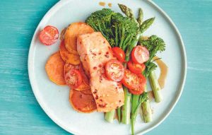 Baked chilli–lime salmon with sweet potato, broccolini and asparagus