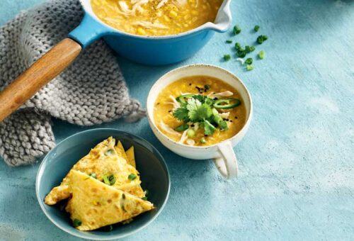 Chicken and corn soup with Asian omelette
