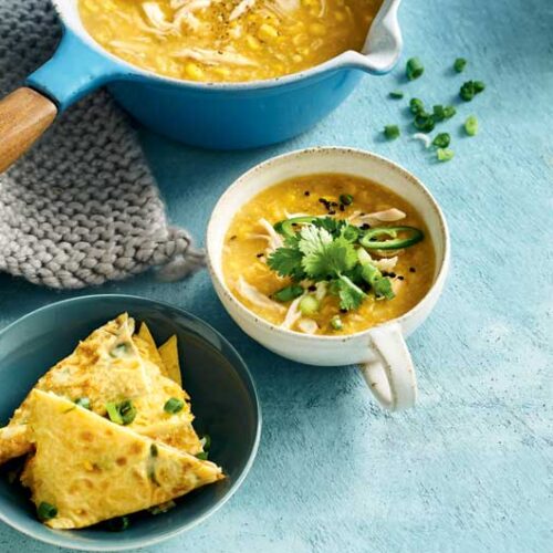 Chicken and corn soup with Asian omelette