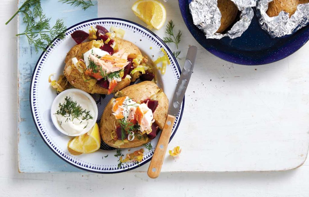 Smoked salmon, beetroot and dill jacket potatoes Smoked salmon, beetroot and dill jacket potatoes