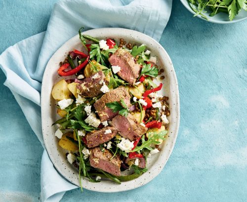 Warm mustard lamb, lentil and feta salad