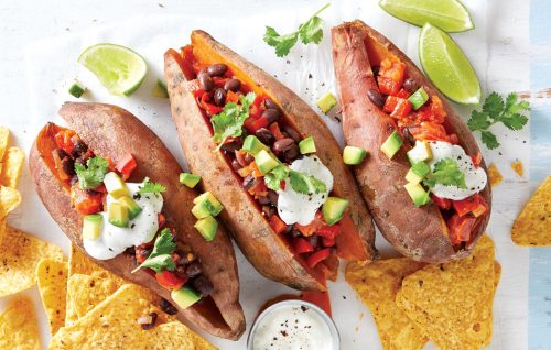 Vegetarian chilli con 'carne' sweet potatoes