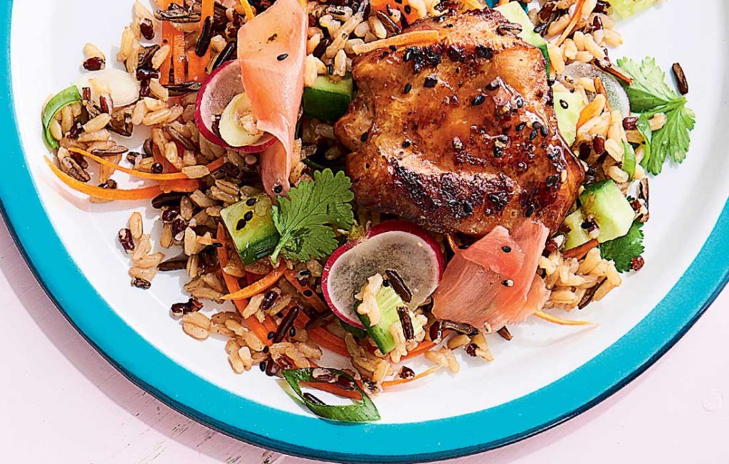 Black pepper chicken with mixed rice and radish salad Black pepper chicken with mixed rice and radish salad