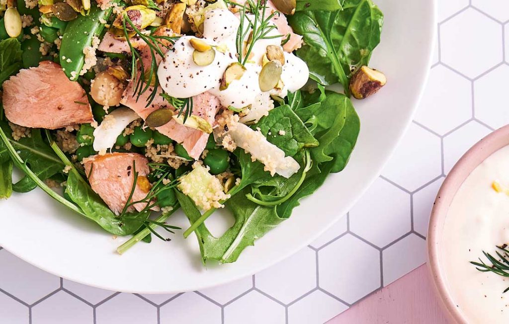 Chickpea couscous with horseradish yoghurt and smoked salmon Chickpea couscous with horseradish yoghurt and smoked salmon