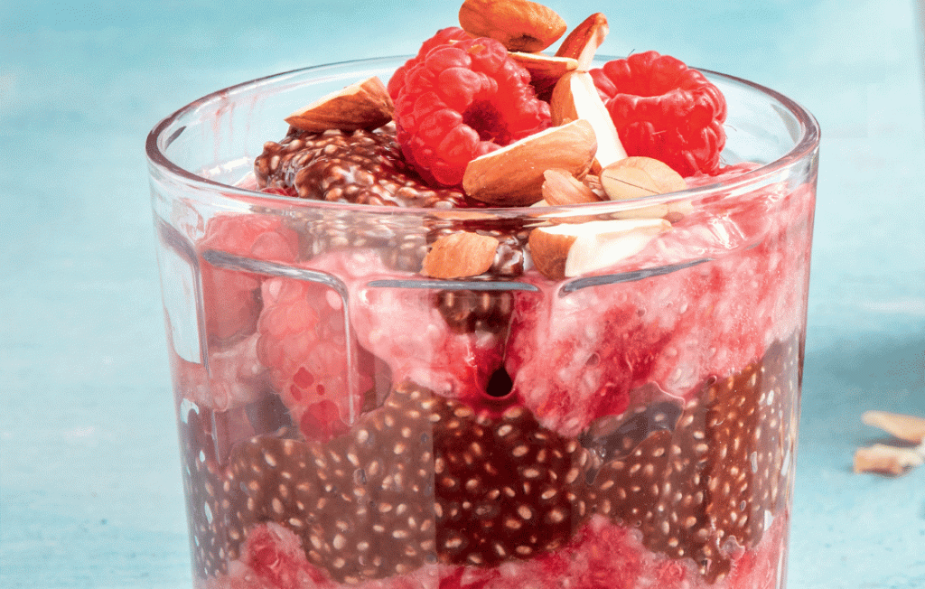 Layered chocolate, raspberry and almond puddings Layered chocolate, raspberry and almond puddings