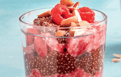 Layered chocolate, raspberry and almond puddings