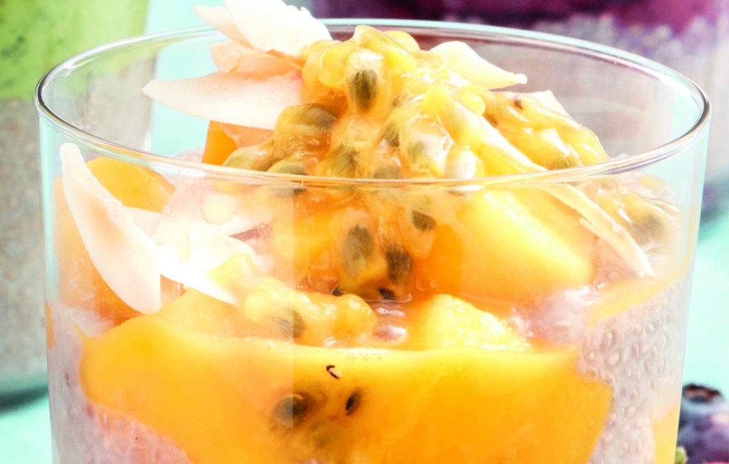 Mango, passionfruit and coconut chia puds Mango, passionfruit and coconut chia puds