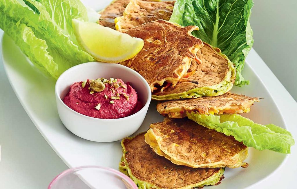 Mixed veggie fritters with beetroot and pistachio hummus Mixed veggie fritters with beetroot and pistachio hummus