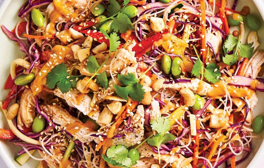 Rainbow noodle salad with chicken and edamame Rainbow noodle salad with chicken and edamame