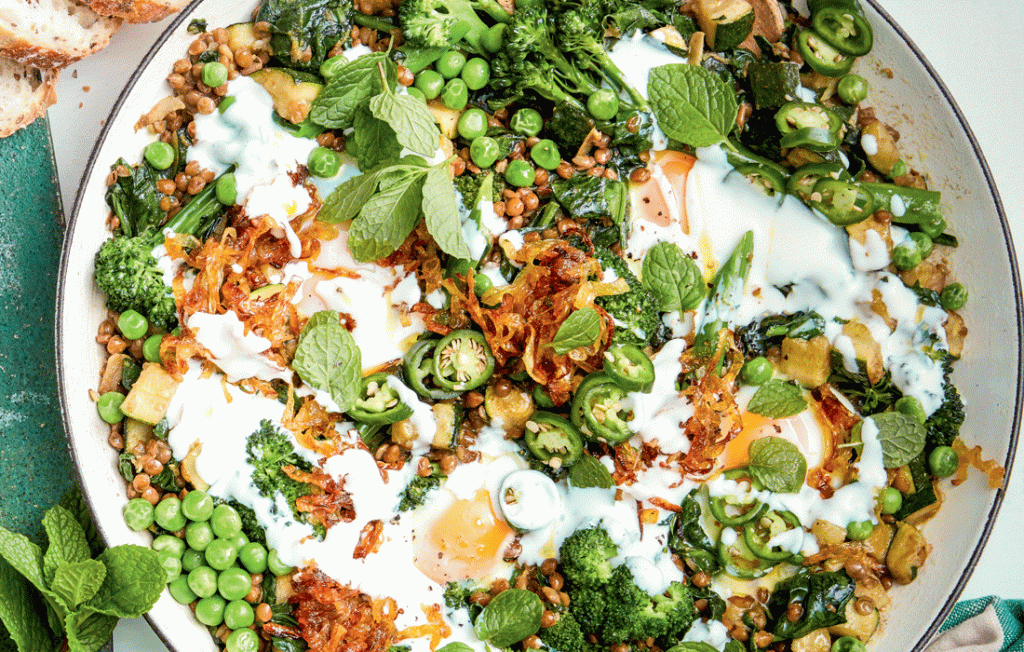 Spinach, caramelised onion and lentil shakshuka Spinach, caramelised onion and lentil shakshuka