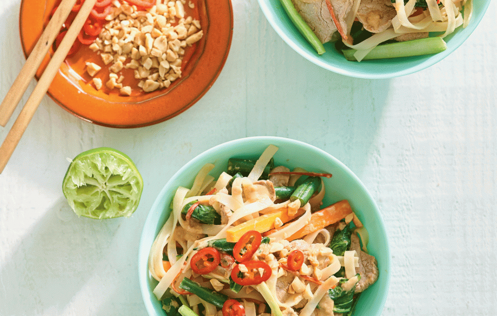 Stir-fried pork with rice noodles, peanuts and choy sum Stir-fried pork with rice noodles, peanuts and choy sum