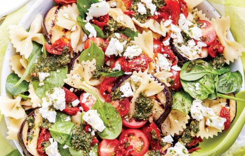 Farfalle salad with eggplant and semi-dried tomatoes