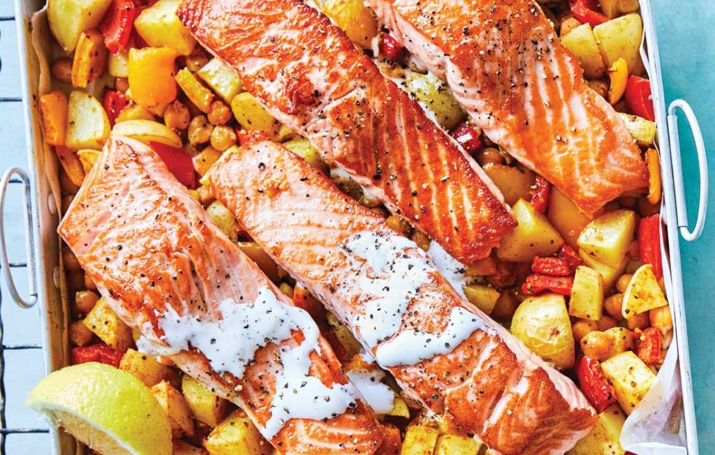 Moroccan salmon traybake