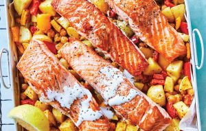 Moroccan salmon traybake