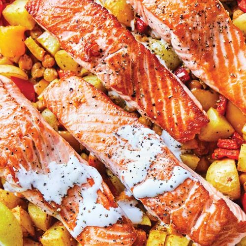 Moroccan salmon traybake