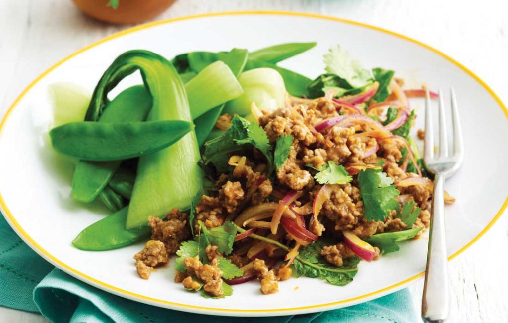 Pork larb with steamed Asian greens Pork larb with steamed Asian greens