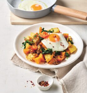 Indian-spiced bubble and squeak with fried eggs