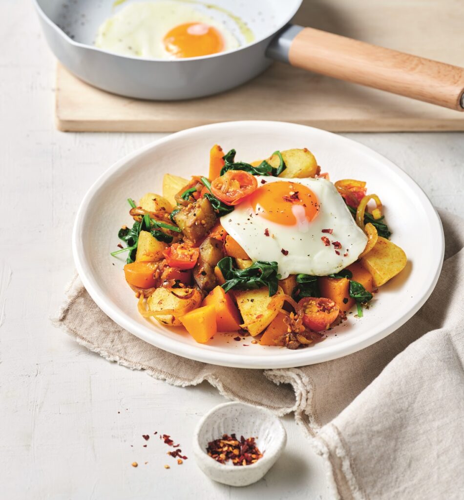 Indian-spiced bubble and squeak with fried eggs