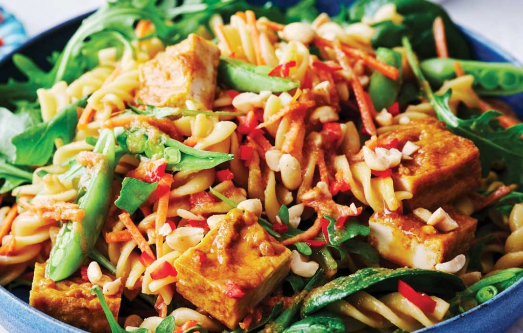 Satay tofu pasta salad with sugar snap peas Satay tofu pasta salad with sugar snap peas