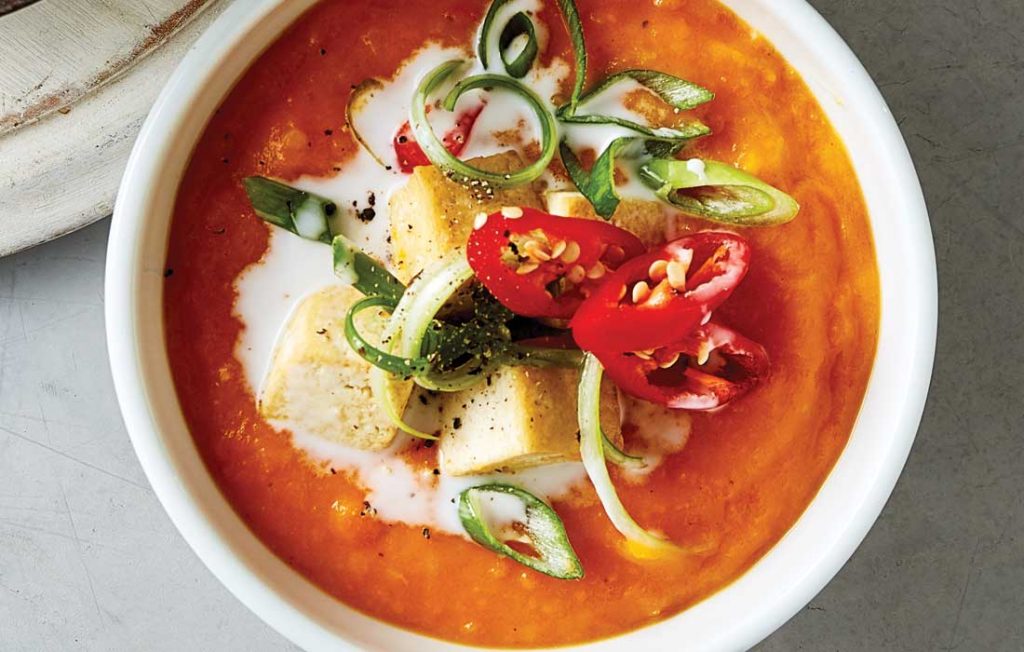 Thai carrot soup with crispy tofu Thai carrot soup with crispy tofu