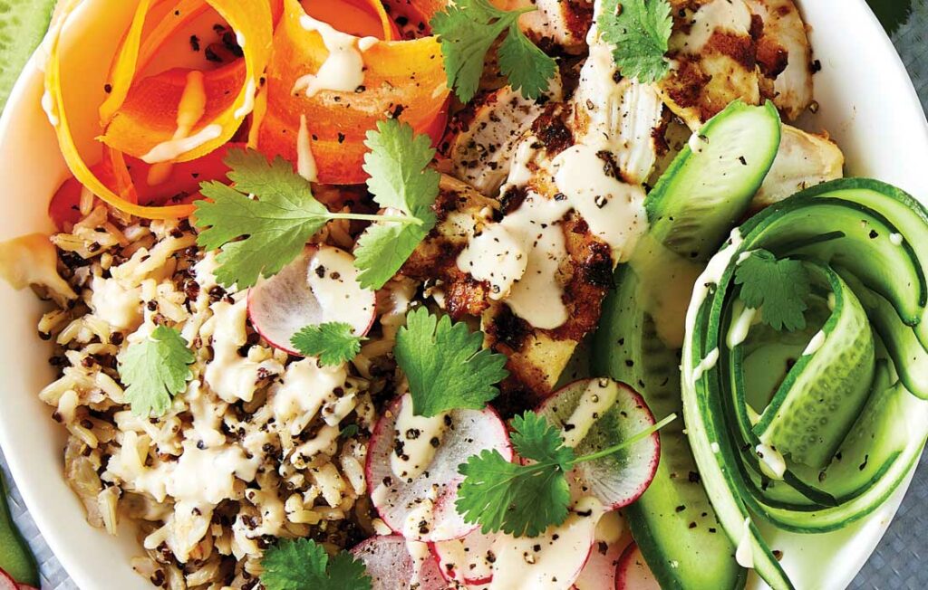 Warm satay chicken Buddha bowl Warm satay chicken Buddha bowl