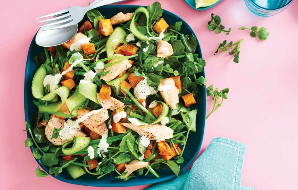 Roasted harissa sweet potato and salmon salad Roasted harissa sweet potato and salmon salad