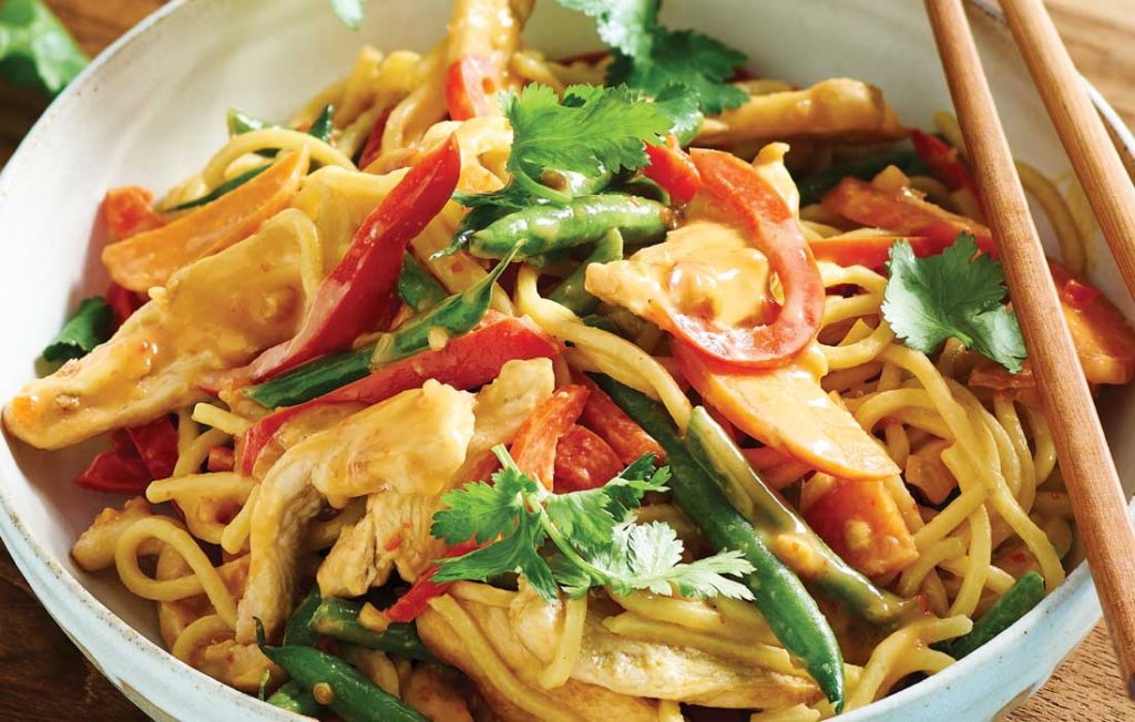 Satay chicken noodles Satay chicken noodles