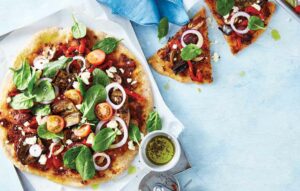 Yoghurt flatbread pizza with eggplant and olives