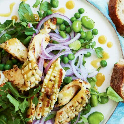 Barbecued calamari with watercress and pea salad