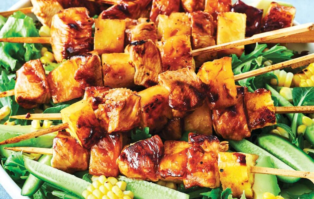Huli Huli chicken and pineapple skewers with coconut rice Huli Huli chicken and pineapple skewers with coconut rice