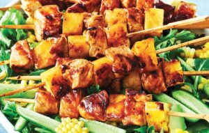 Huli Huli chicken and pineapple skewers with coconut rice