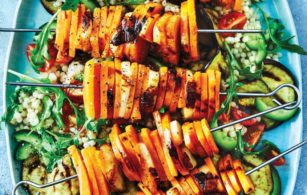 Sweet potato and haloumi skewers with couscous salad Sweet potato and haloumi skewers with couscous salad