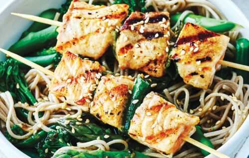 Miso-glazed salmon skewers with soba noodle salad