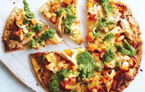 Chicken, pumpkin and pesto pizzas