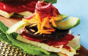 Garlic mushroom and haloumi burgers