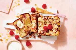 Raspberry, almond and ricotta loaf with yoghurt