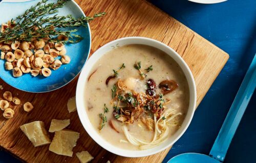 Mixed mushroom, butter bean and hazelnut soup