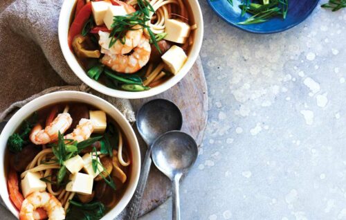 Prawn and silken tofu udon noodle soup