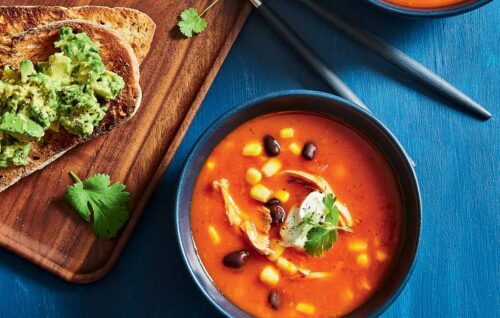 Tomato, chicken and black bean soup with avocado toast